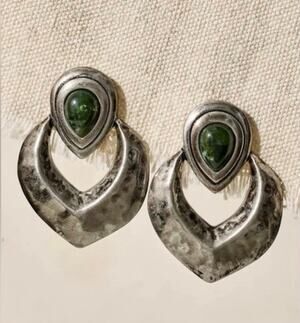 Free People Cecilia Green Silver Statement Earrings Boho Festival NWT